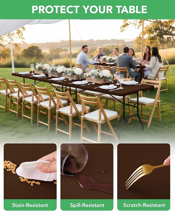 KeyWave Fitted Tablecloth Rectangle Table Cloths - 6 Pack 6 Foot Elastic Stretch Folding Table Top Cover Water-Resistant Reusable for Outdoor Picnic Camping Party Event, Brown, 72" L x 30" W