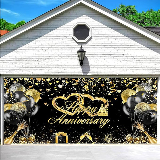 13X6FT Happy Anniversary Garage Door Banner Cover Glitter Black and Gold Balloons Wedding Anniversary Party Garage Buddy Decorations Backdrop Gold Heart Outdoor Party Decor