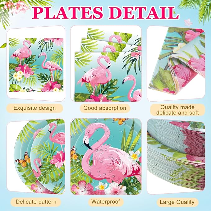 Pickmesh 250 Pcs Summer Flamingo Disposable Tableware Set Hawaiian Luau Party Supplies Tropical Paper Plates Napkins and Cups for Summer Beach Aloha Baby Shower Birthday Pool Party, Serve 50 Guest