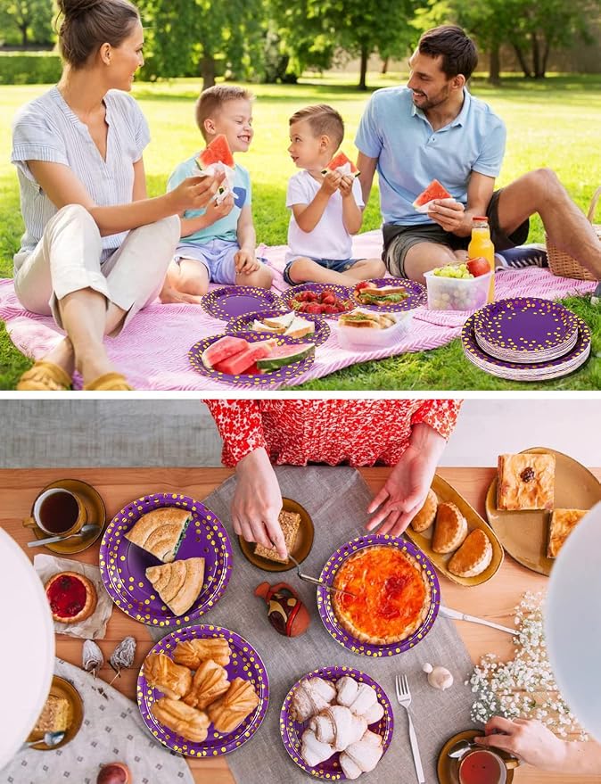 Nkaiso 141 Pieces Purple Gold Party Supplies, Disposable Party Decorations Sets Include Paper Plates Napkins Cups, Plastic Forks Knives Spoons, for Baby Shower Birthday Wedding -20 Guests