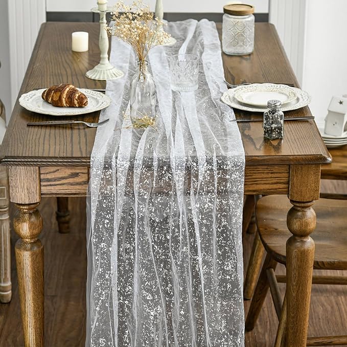 Artoid Mode 3Pcs White Silver Gauze Table Runner 120 Inch 10FT, Glitter Metallic Foil Sheer Dining Wedding Anniversary Holiday Birthday Table Decor for Home Party