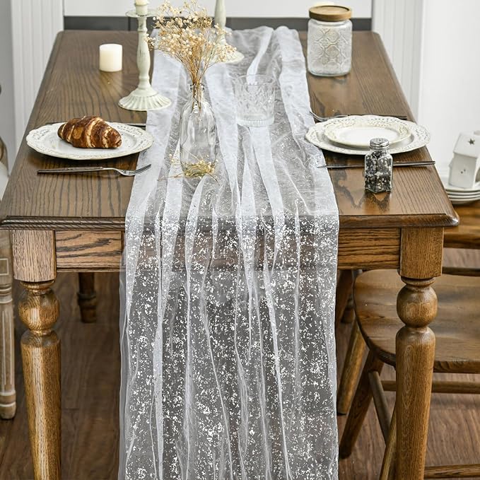 Artoid Mode White Silver Gauze Table Runner 120 Inch 10Pcs, Glitter Metallic Foil Sheer Dining Holiday Wedding Anniversary Birthday Table Decor for Home Party