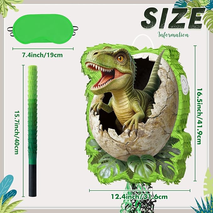 WERNNSAI Dinosaur Egg Piñata - Trex Piñata with Blindfold and Bat for Boys Kids Dinosaur Birthday Party Supplies Realistic Green Rex Dino Jungle Party Decoration
