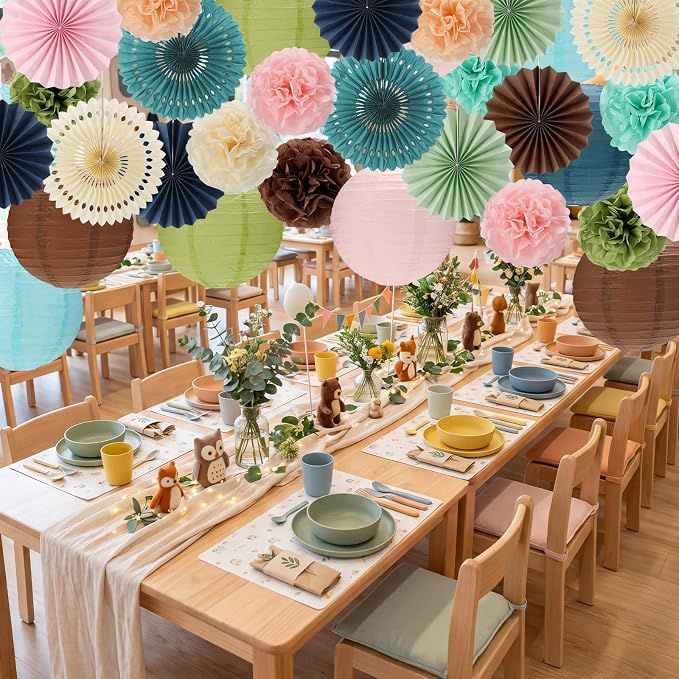 MotiMind 30 Pcs Boho Classroom Decorations Set, Hanging Paper Lanterns Paper Fans Tissue Pom Poms, Back to School Neutral Bulletin Board Hanging Decor for Ceiling Wall Birthday Backdrop Party Supplies