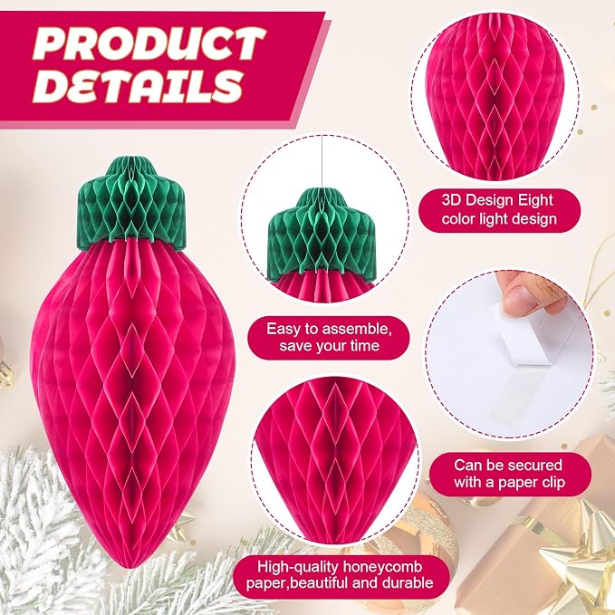 12 Pcs 12" Vibrant Jumbo Christmas Lights Honeycomb Hanging Decoration Large 3D Light Bulb Land Xmas Assorted Colors Light for Christmas Tree Mantal Ceiling Classroom Ornament