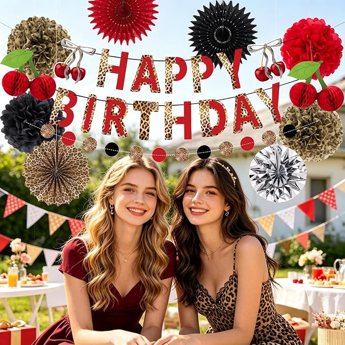 Cheetah Birthday Party Decorations Cherry Print Paper Fans Tissue Pom Pom Cherry Honeycomb Animal Print Birthday Banner Hanging Swirls Red Black Animal Print Party Decoration for Women Girls Birthday