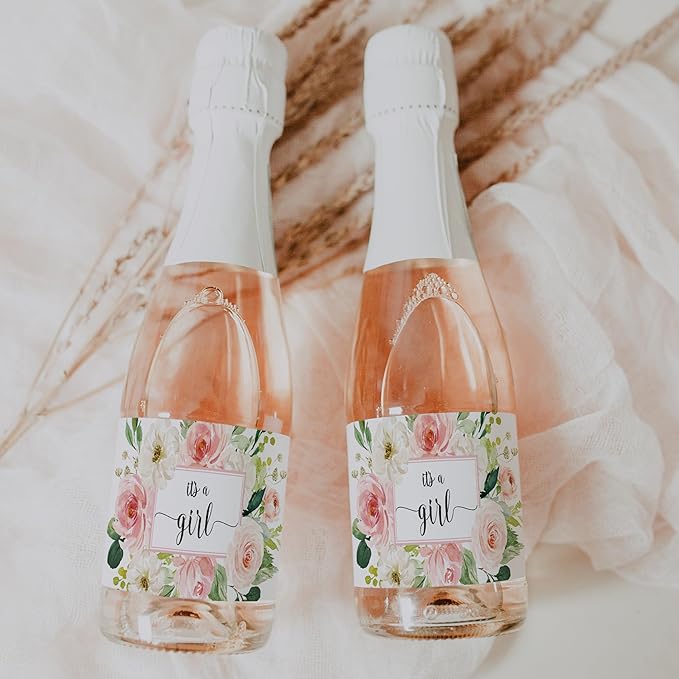 It’s a Girl Mini Champagne Bottle Labels ● SET of 12 ● Pink Baby Shower Mini Champagne Label, About to POP Thank You for Celebrating with us Favors Stickers Gender Reveal WATERPROOF (Blooms)