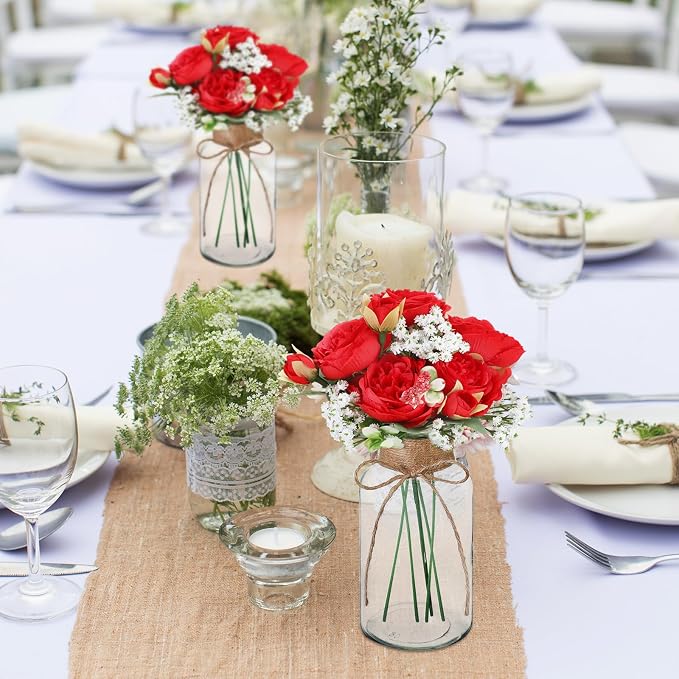 Zeyune 6 Sets Mason Jar Table Centerpiece with Artificial Peony Baby's Breath Flower Centerpieces Faux Flowers with Rope for Wedding Reception Engagement Bridal Shower Rustic Table Decor(Red)
