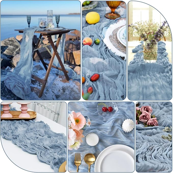 10 Pack Dusty Blue Cheesecloth Table Runner 17"x108" Boho Gauze Fabric Table Runner Vintage Rustic Sheer Runners for Wedding Party Bridal Baby Shower Table Decorations