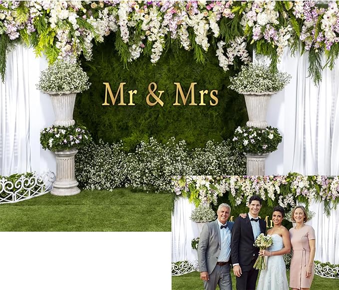 YongFoto Mr and Mrs Wedding Party Backdrop 10x5ft Floral Grass Wall White Sheer Curtain Flower Arch Photography Background Lover Marriage Proposal Bridal Shower Reception Photo Booth Props Banner