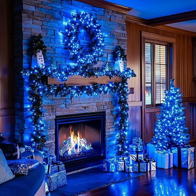 FairyGlim Christmas String Lights Plug in,33FT 100 LED String Lights with 8 Modes & Timer, Xmas Decorations for Trees Wreath, Outdoor Indoor Yard Garden Party Decor, Blue
