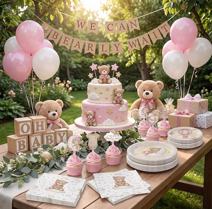 Teddy Bear Baby Shower Plates and Napkins Set for Girl – We Can Bearly Wait Baby Shower Decorations – Serves 20, Paper Plates, Napkins – Bear Party Supplies Decorations Tableware for Birthday
