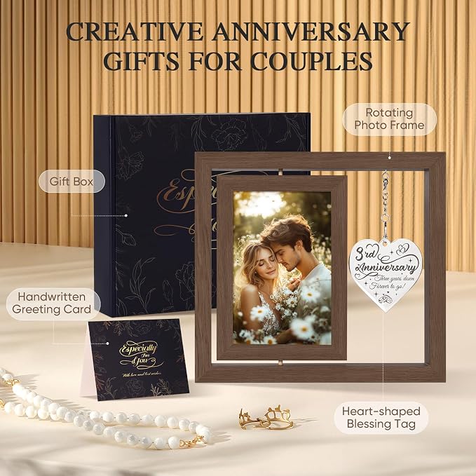3 Year Anniversary Picture Frame Gifts for Him Her Couple Men Women Husband Wife Boyfriend Girlfriend, 3rd Anniversary Wood Gifts, Best Three Third Year Gift Decorations