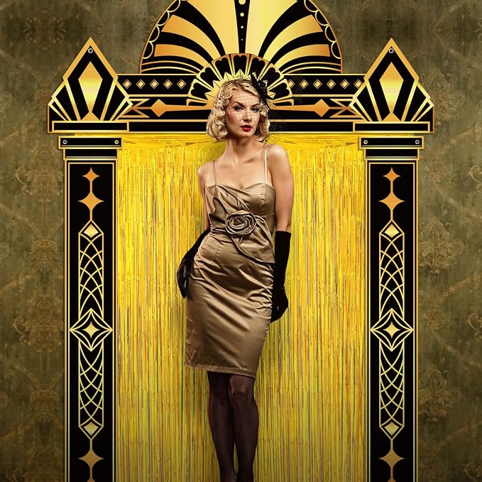 Peryiter 5 Pcs 1920s Party Decorations with Gold Foil Curtain Backdrop Roaring 20's Themed Backdrop Awards Night Party Decor for Vintage Black Gold Art Event for Halloween, New Year, Birthday