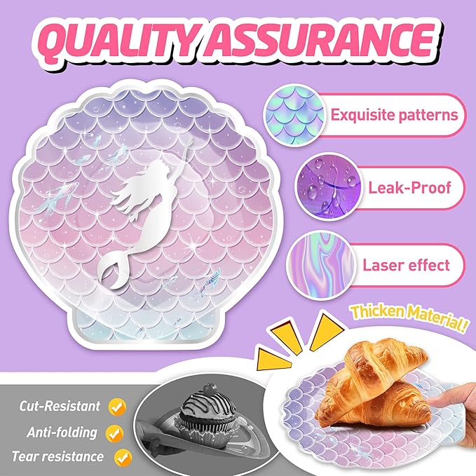 146Pcs Shell Plates and Napkins Iridescent Mermaid Party Supplies Includes Plates, Napkin, Fork, Cup, Straw, Tablecloth, Banner Seashell for Under the Sea Birthday Party Decorations, Serves 24