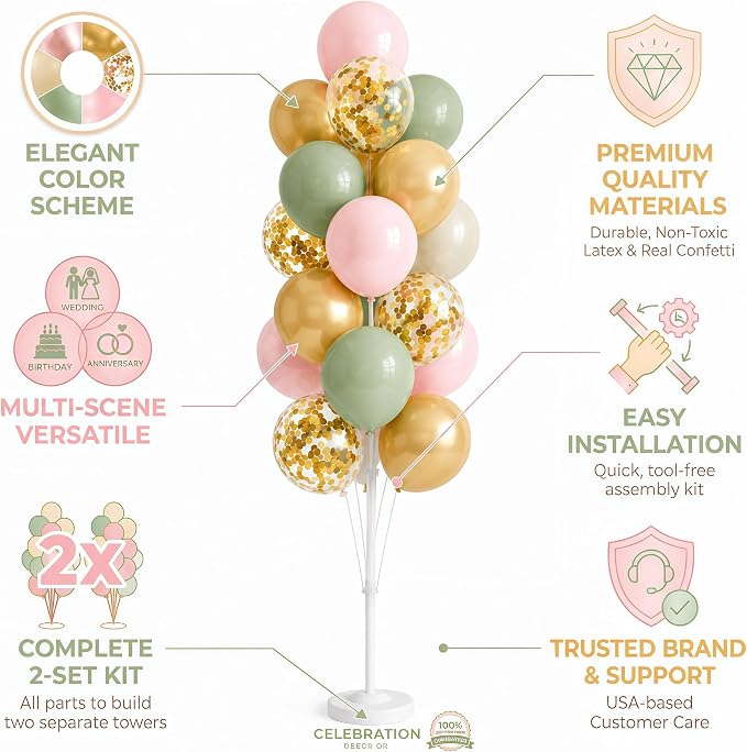 Hiins Balloon Column Kit Set of 2 With Balloons Included - with Base, and Pole,Balloon Tower Backdrop Decoration for Wedding, Baby Shower, Birthday Party, or Bachelorette Parties (Sage Green Gold)