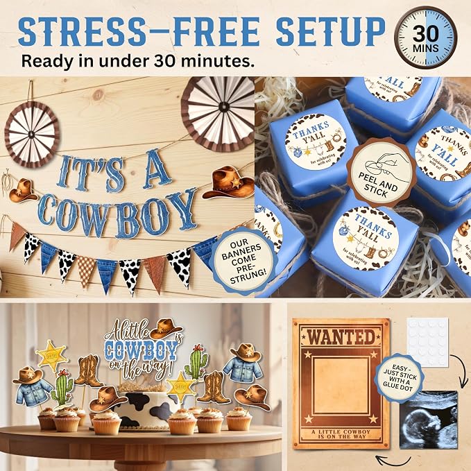 Premium Cowboy Baby Shower Decorations for Boy, A Little Cowboy is on the Way Decorations, Western Baby Shower Decor with Backdrop, Balloons, Banner, Table Decor, Sash, Photo Props, and More