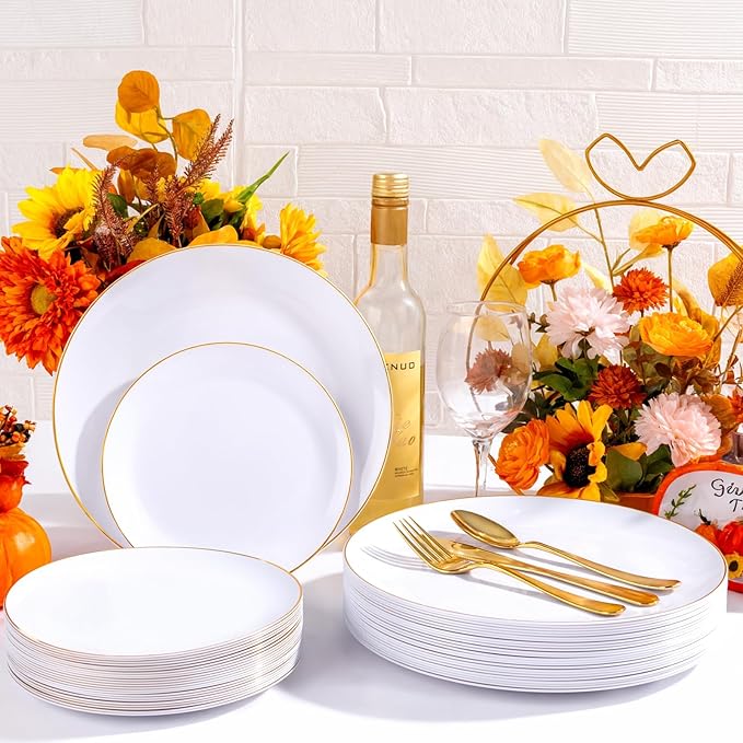 YOUBET 175PCS Gold Rimmed Plastic Plates - White and Gold Disposable Plates Includes 25 Dinner Plate, 25 Dessert Plate, 75Silverware, 25 Cups, 25 Napkins for Wedding & Party