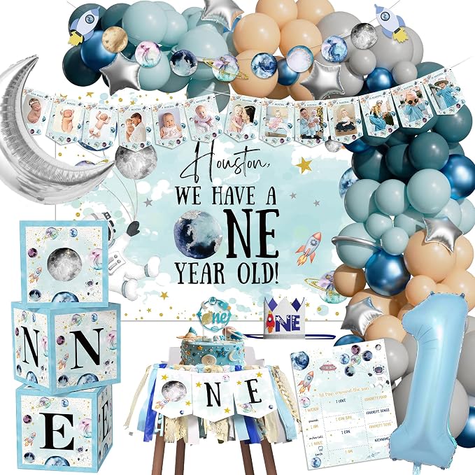 Space 1st Birthday Decorations - First Trip Around the Sun, Outer Space One Year Old Party Supplies Include Balloon Boxes, Backdrop, Balloon Arch, Highchair Banner