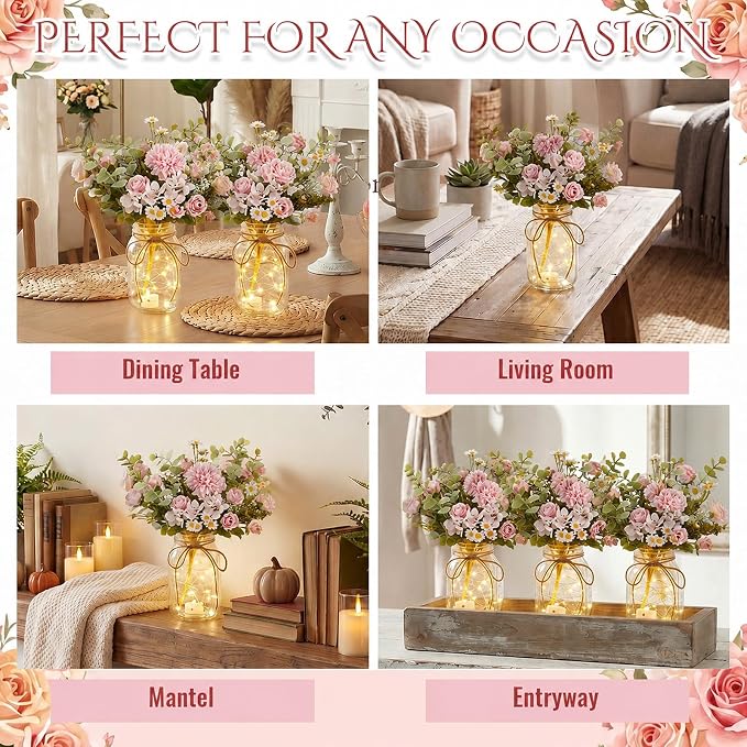4 Sets Mason Jar with Lights Pink Rose Chamomile, Decorative Pink Centerpieces for Tables Mason Jars Flowers Decorations LED Farmhouse Vase for Home Wedding Event Party Decor