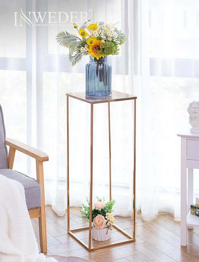 Gold Tall Stand for Wedding: 34.5in, With Metal Panel, Packs of 2 | Columnar Cube Shape, Easy to Assembly, Flowers Cakes Drinks Display Table Centerpieces for Wedding Party Event