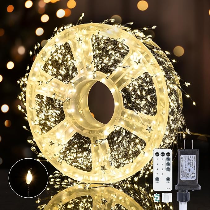 Dailyart Fairy Lights Plug in, 2000 Led Twinkle String Light with Remote 130Ft Waterproof 8 Modes Warm Cluster Lights with Timer for Bedroom Wreath Window Wedding Christmas Tree Decoration,Black Wire
