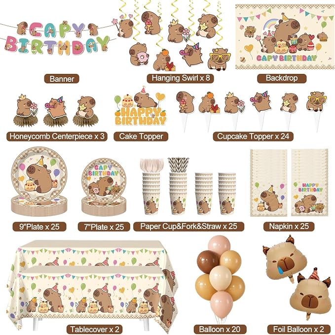 222pcs Capybara Birthday Decorations-Serves 25, All-in-one Capybara Party Decorations with 350gsm Plate, Tablecloth, Backdrop, Centerpiece, Capybara Balloons, Banner, Cake Topper