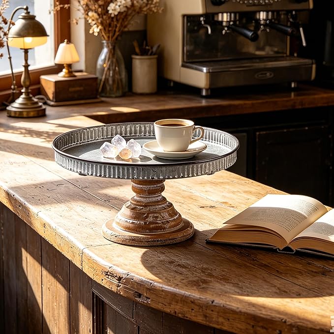 SOFE Rustic Galvanized Metal Cake Stand, Cupcake Stand Rustic Round Dessert, Appetizer Display Riser Stand with Wood Base Table Centerpiece for Wedding, Birthday, Party, Dining Room Kitchen Supplies
