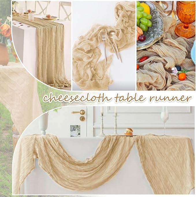 20 Pack Beige Cheesecloth Table Runner 10FT Long Boho Gauze Fabric Table Runner Vintage Rustic Sheer Runners for Wedding Party Bridal Baby Shower Table Decorations