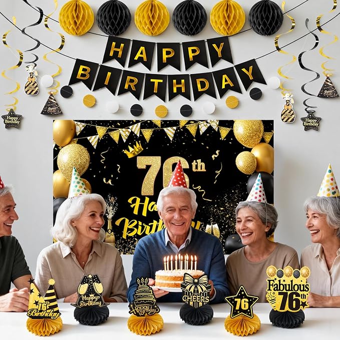 Happy 76th Birthday Party Decoration: Including Birthday Banner Backdrop, Party Table Centerpieces and Hanging Swirl Party Streamers, Birthday Decor for Men and Women (Gold/Black, 76th Birthday)