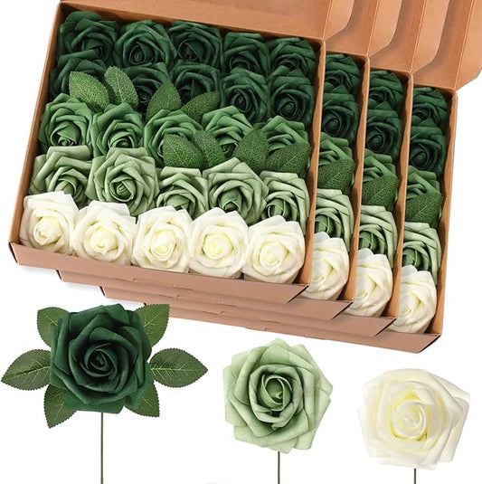 100 Pcs Artificial Foam Rose Flower Faux Bouquet Wedding Fake Rose Gift for Mother's Day Women DIY Bridal Shower Party Table Birthday Home Spring Decor (Gradient Green)