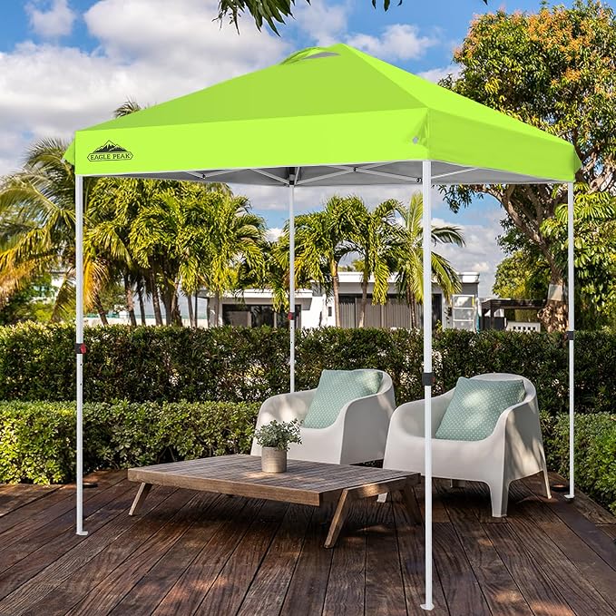 EAGLE PEAK Pop Up Canopy Tent with Wheeled Carry Bag, 8 Stakes, 4 Ropes, Easy Set Up Tent Canopy, 6.6x6.6 ft, Neon Green