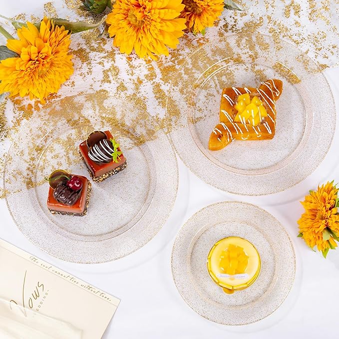WDF 200PCS Gold Plastic Plates - Gold Glitter Plastic Plates - Heavy Duty Gold Glitter Disposable Plates - Include 100 Dinner Plates 10" and 100 Dessert Plate 7" for Wedding Spring Birthday