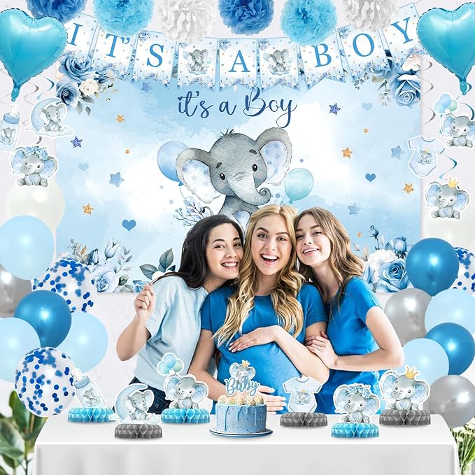 Elephant Baby Shower Decorations for Boy, Blue Baby boy Shower Decorations Kit with It's a Boy Backdrop Banner, Cake Toppers, Hanging Swirls, Centerpieces, Balloons and Pompoms Birthday Elephant Decor