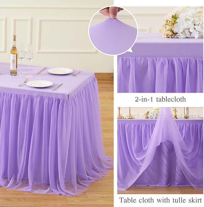 Purple Fitted Tablecloth Rectangle 8 Foot Stretch Elastic Tulle Ruffle Tablecloths Rectangular Spandex Table Covers 8ft Birthday Baby Shower Wedding Party Table Cloths with Skirt 2Pack