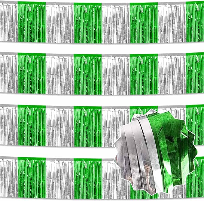 4 Pack 10 Ft Silver Green Foil Fringe Garland Metallic Streamers Tinsel Banner Wall Hanging Garland Backdrop for Parade Floats, Halloween, Christmas, Thanksgiving, New Year Party Decorations