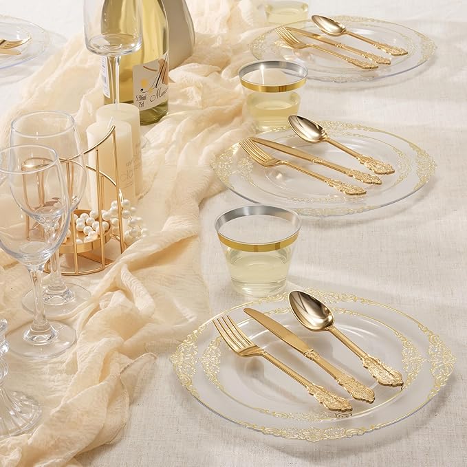 Goodluck 250 PCS Vintage Clear & Gold Rim Plastic Plates with Cutlery Set - Serves 50 - Heavy Duty Elegant Disposable Dinnerware for Wedding, Bridal Shower, Anniversary