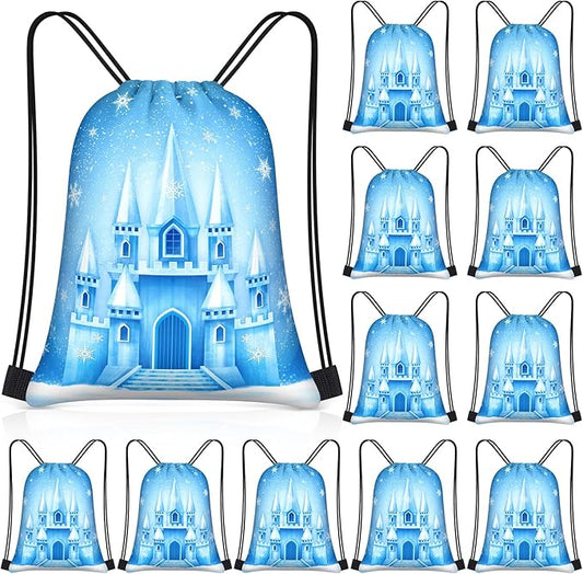 Censen 24 Pcs Snowflake Drawstring Bags Set Bulk 12 x 10 Inch Waterproof Beach Bags for Girls Boys Kids Blue Castle Theme Party Birthday Winter Party Favor Bag Supplies