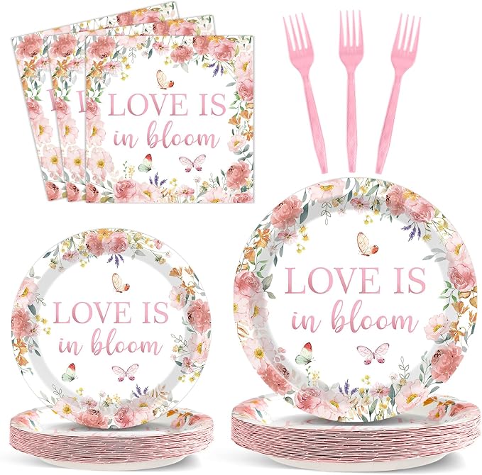 96 pcs Love Is In Bloom Bridal Shower Plates Napkins Sets Pink Floral Bridal Shower Party Supplies Love In Bloom Tableware Party Decoration for Engagement Wedding Decor Serves 24 Guests