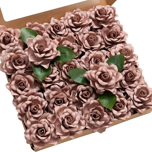 Ling's moment Flowers 25pcs Fake Gardenia Dusty Pink Rose Flowers Artificial Flowers with Stem, Fake Flower for DIY Wedding Decorations Centerpieces Bouquets Boutonnieres