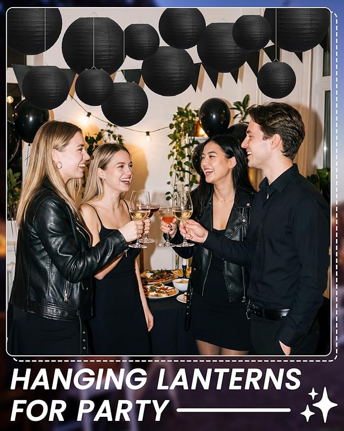Treela 48 Pcs Paper Lanterns Party Decorations Chinese Round Paper Decor 4/6/8/10 Inch Asian Hanging Lamps Decorative for Birthday Party Wedding Bridal New Year Supplies(Black)