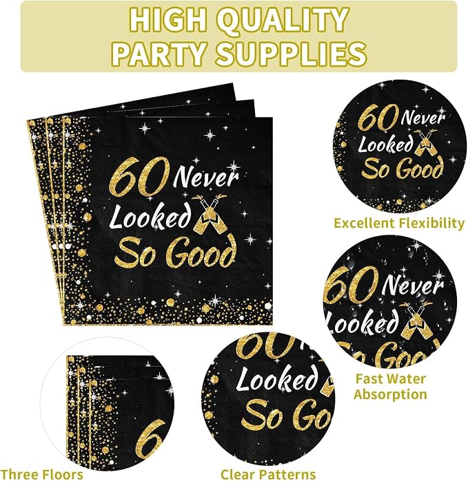 96Pcs 60th Birthday Party Decorations Vintage 1966 Birthday Plates and Napkins Black and Gold Tableware Sets Cheers to 60 Years Decorations for Mens Womens 60 Year Old Party Father's Day Serves 24