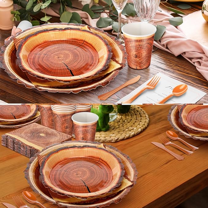 FillTouch 350 Pcs Wood Grain Fall Paper Plates Hunting Camping Party Supplies Rustic Autumn Disposable Napkins Cups Cutlery Knives Fork Spoons for 50 Guests Autumn Harvest Thanksgiving Birthday