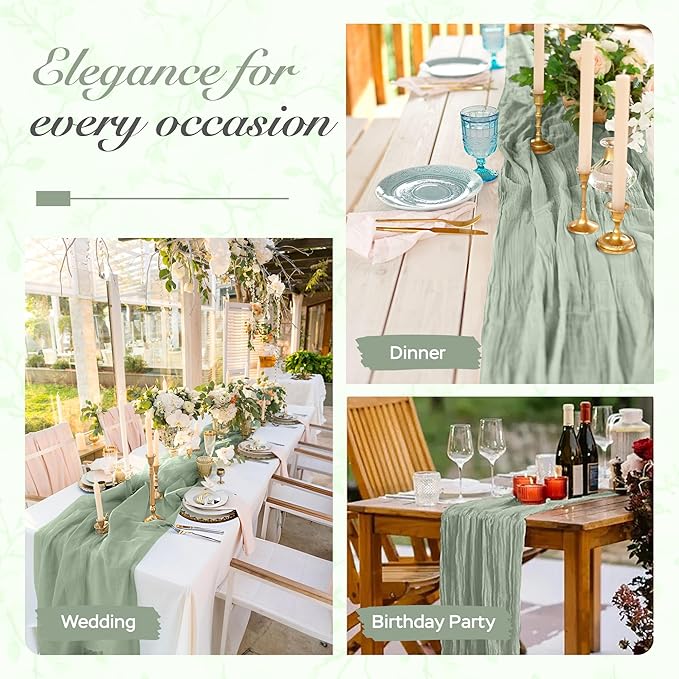Cheesecloth Table Runner 6 Pack – 35x120 Inch (10ft) Boho Rustic Gauze Cloth Runners – Crinkle Polyester Table Decor for Wedding, Baby Shower, Bridal Shower, Birthday Party and More (Sage Green)