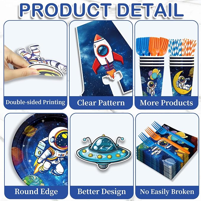 NeoRov 220 Pcs Space Themed Birthday Party Decorations Tableware Set | Service 25 Guests | Includes Banner, Cake Topper, Balloons, Plates And Napkins Paper Cup | For Space Astronaut Themed Party