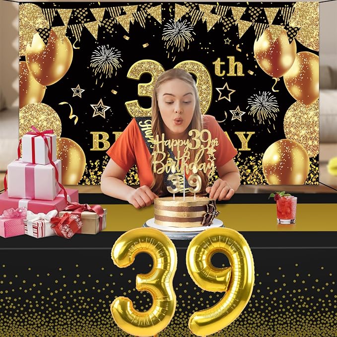 39th Birthday Decorations Men Women with 39th Birthday Banner, Black and Gold Table Cloth, Number Balloons, Large Sash, Cake Topper and Candles