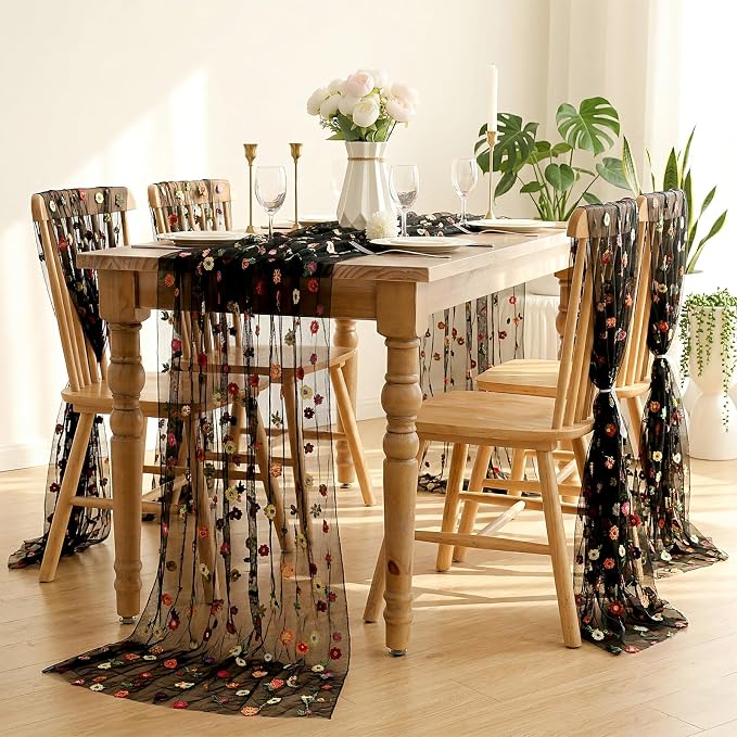 QueenDream Black Table Runner Floral Gauze Tulle Fabric 120 Inch 10FT Seasonal Sheer Overlay for Spring Kitchen Wedding Birthday Party Dining Table Decor