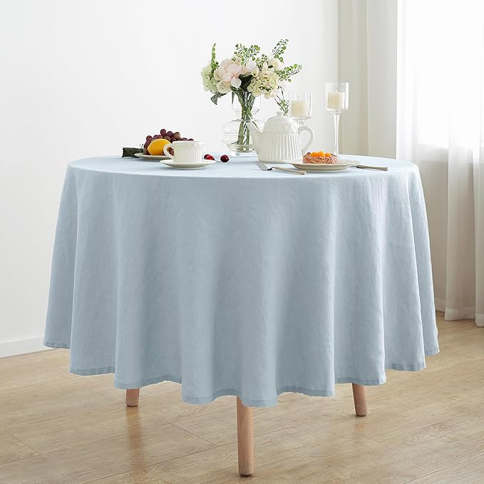 Linen World Blue Linen Tablecloth - 100% French Linen Round Tablecloth 90" Inch,Washable Natural Tablecloth for Dining,Outdoor,Weddings and Restaurants,Decorative Thanksgiving Christmas - Mist Blue