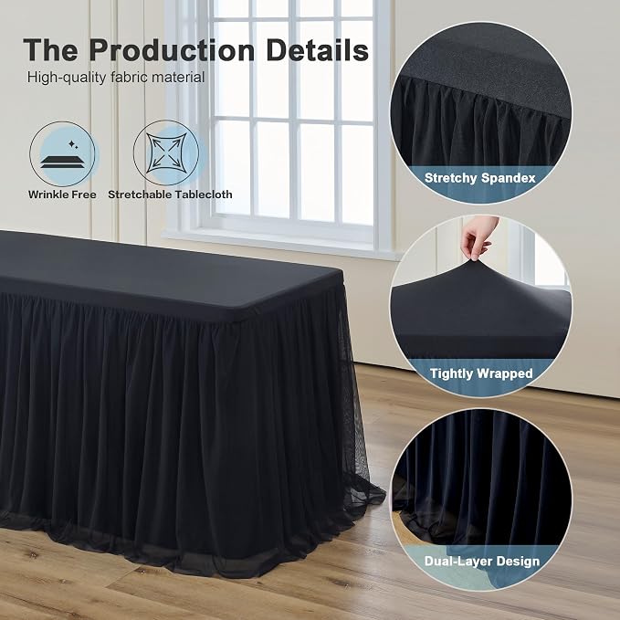 familus 6ft Black Spandex Fitted Tablecloth with Tulle Table Skirt - 2-in-1 Structured Tutu Table Cover for Weddings, Trade Shows, Banquets & Professional Events
