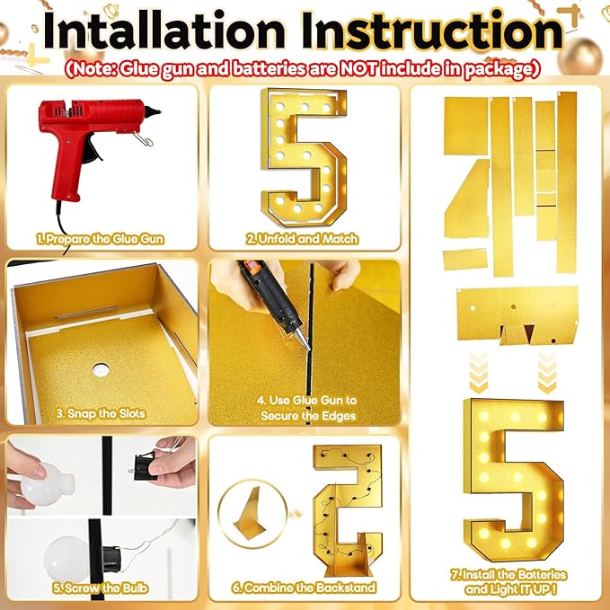 4FT Large Light Up Numbers 5, Gold Number 5 Marquee Frame Marquee Mosaic Numbers for 5th Birthday, Giant Light Up Number 4 Feet Tall DIY Frame Pre-Cut Foam Board Kit for Graduation Anniversary Party
